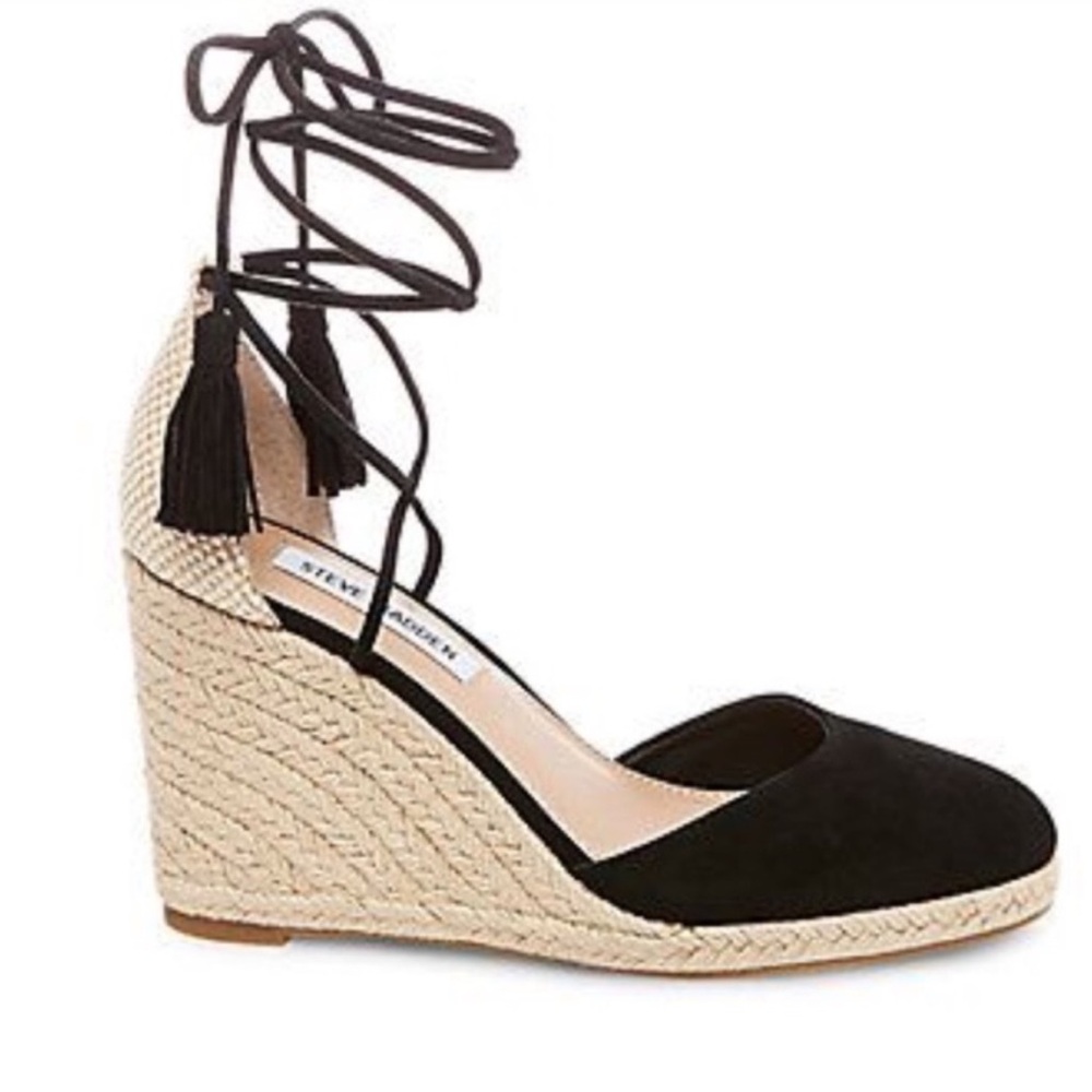 Steve Madden Black and Natural Espadrille Wedge Sandals